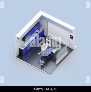 Isometric view of dental clinic interior with dental chair, cabinet and frosted glass partition. 3D rendering image. Stock Photo