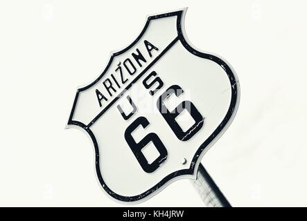 Highway route 66 road sign, Arizona, America. Isolated on white background. Stock Photo