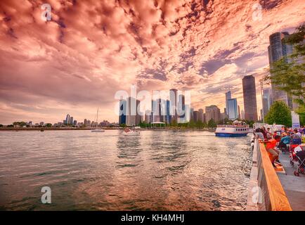 Chicago, Illinois - July 15, 2017: Beautiful Chicago Skyline. Cityscape image of Chicago skyline during sunset. People enjoying a summer day. Stock Photo