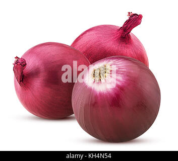 Three red onion isolated on white background. Clipping Path. Full depth of field. Stock Photo