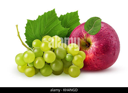Grapes yellow pear and red apple with leaf isolated on white background. Clipping Path. Full depth of field. Stock Photo