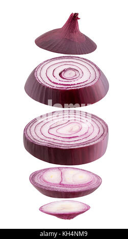 Red onion sliced and falling isolated on white background. Clipping Path Stock Photo