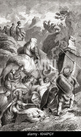 Hannibal crossing the Alps on his overland journey into Italy, 3rd century BC.  Hannibal Barca, 247 – c.183 BC.  Carthaginian general.  From Ward and Lock's Illustrated History of the World, published c.1882. Stock Photo