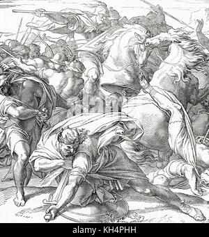 The death of King Saul at the Battle of Gilboa against the Philistines.  Saul, first king of the Kingdom of Israel and Judah.  From Ward and Lock's Illustrated History of the World, published c.1882. Stock Photo