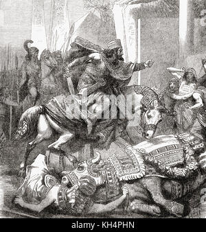 Cambyses II killing the sacred bull Apis or Hapis.  Egyptian mythology states that for killing the sacred animal he is punished by madness, in which he commits many other crimes, kills his brother and his sister, and at last loses his empire and dies from a wound in the thigh.  Cambyses II, d. 522 BC. Emperor of the Achaemenid Empire.  From Ward and Lock's Illustrated History of the World, published c.1882. Stock Photo