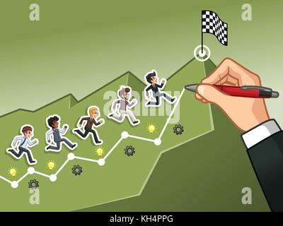 Hand drawing a line leading to the goal, running towards the goal businessman concept, against green background. Stock Vector