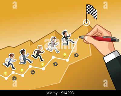 Hand drawing a line leading to the goal, running towards the goal businessman concept, against yellow background. Stock Vector