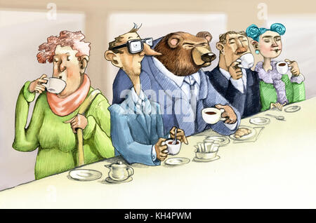 people drinking coffe in a bar in the mornig there is a bear drinking a coffe too Stock Photo