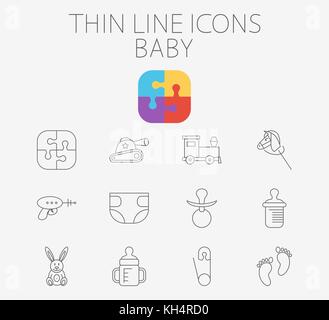 aby thin line vector icon set for web and mobile applications. Set includes - pin, diapers, feeding bottle, puzzle, tank, train, horse, gun, footprint Stock Vector