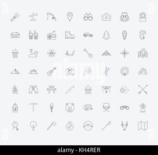 Set of Outline stroke Camping icons on white background. Vector illustration Stock Vector