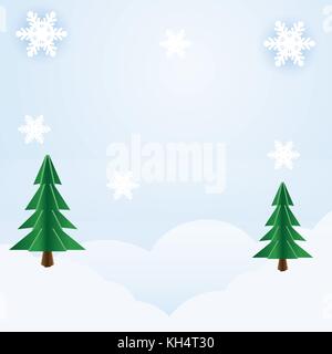 Abstract winter background, Snowflake and christmas tree on blue Background, for Christmas concept.-Papercut Design Stock Vector