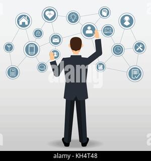 Businessman pushing on Business icons connection, for Business management Concept - Vector Illustration Stock Vector
