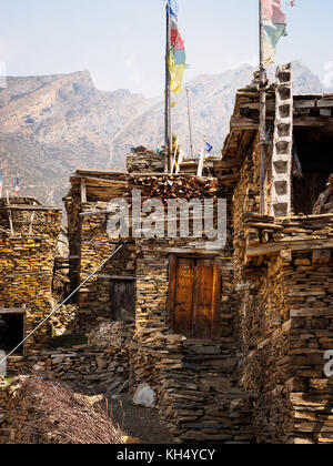 Stone village of Ghyaru, which lies along the famous Annapurna Circuit Trek in Nepal Stock Photo