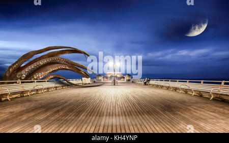 Monster octopus attacking the seaside pier at night, coming up from the sea. Moon and stars with a blue sky. Digital fantasy artwork. Stock Photo