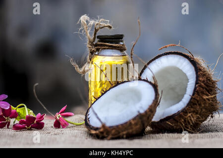 Dry Coconut & Oil on gunny Bag. Stock Photo
