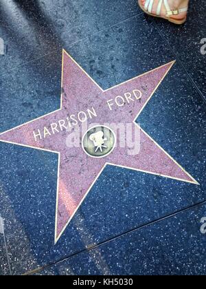 Hollywood, California - July 26 2017: Harrison Ford Hollywood walk of fame star on July 26, 2017 in Hollywood, CA. American actor and film producer. Stock Photo