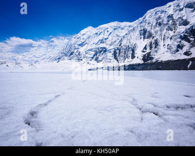 Snowy shore of Tilicho Lake in the Annapurna Himalayas, Nepal Stock Photo