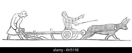 A cartoon of an Anglo Saxon wheel plough in 8th Century England.(from the Bayeux Tapestry) Stock Photo