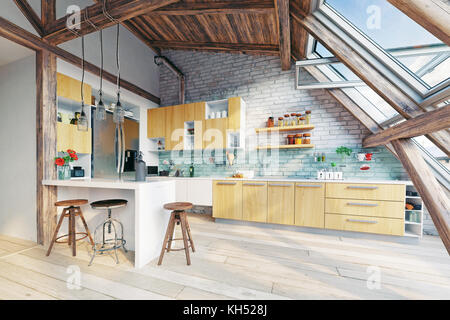 modern attic kitchen  interior. 3d rendering concept Stock Photo