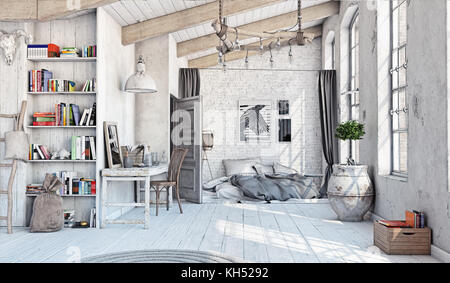 Scandinavian style interior. Bedroom attic. 3d rendering Stock Photo
