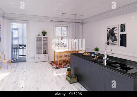 Modern kitchen  interior rendering, white concept. 3d illustration