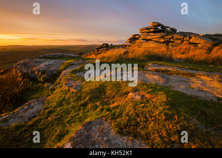 Sun going down over Stowes Hill on Bodmin Moor Stock Photo