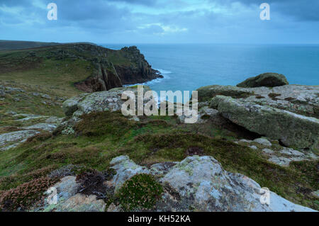 View from Pordenack Point near Lands End in Cornwall Stock Photo