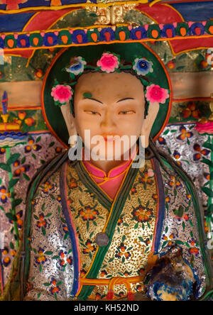 Tibetan buddhist sculptures made by monks from coloured butter in Labrang monastery, Gansu province, Labrang, China Stock Photo