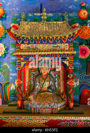 Tibetan buddhist sculptures made by monks from coloured butter in Labrang monastery, Gansu province, Labrang, China Stock Photo