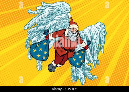 Santa Claus angel wings, Christmas gifts. Pop art retro vector illustration Stock Vector