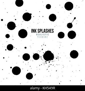 vector various black monochrome ink paint splashes and splatters decorative realistic texture set isolated on white background Stock Vector