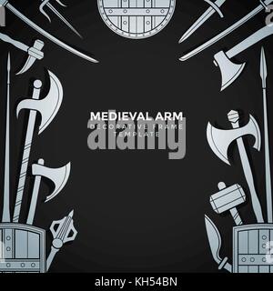 vector silver grey color various medieval cold steel arms decorative frame template isolated on dark brown background Stock Vector