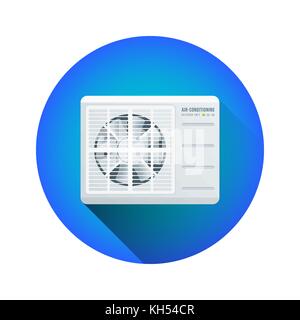 vector colorful flat design white air conditioning device outdoor unit illustration with long shadow isolated circle blue icon on white background Stock Vector