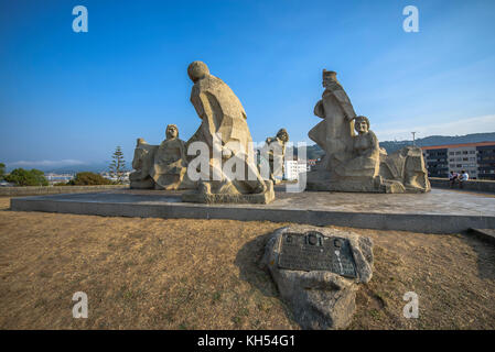 Encounter between two Worlds. Monument by Magin Picallo, 1993. Baiona. Galicia. Spain. Stock Photo