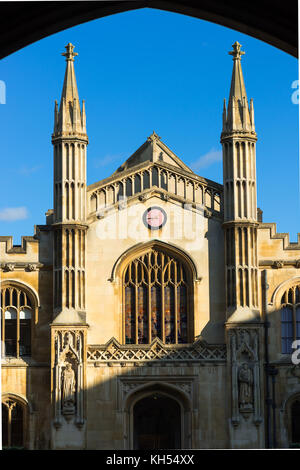 The chapel of Corpus Christi College Cambridge University viewed through the entrance. Cambridgeshire, England. UK. Stock Photo