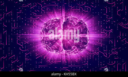 Purple glowing brain wired on neural surface or electronic conductors. Artificial intelligence (AI) and High Tech Concept. Stock Photo