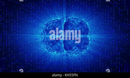 Blue glowing brain wired on neural surface or electronic conductors. Artificial intelligence (AI) and High Tech Concept. Stock Photo