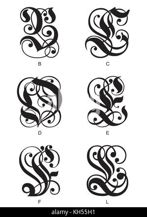 calligraphic gothic initials letters B, C, D, E, F, L Stock Vector