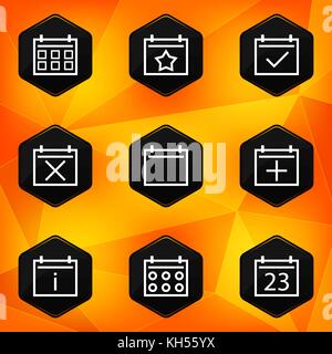 Calenadar. Hexagonal icons set on abstract orange background. Vector illustration in eps10 Stock Vector
