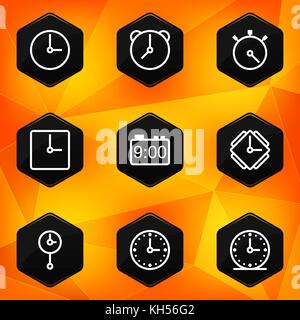 Clock and Time. Hexagonal icons set on abstract orange background. Vector illustration in eps10 Stock Vector
