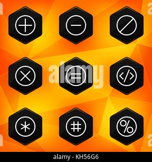 Symbol. Hexagonal icons set on abstract orange background. Vector illustration in eps10 Stock Vector