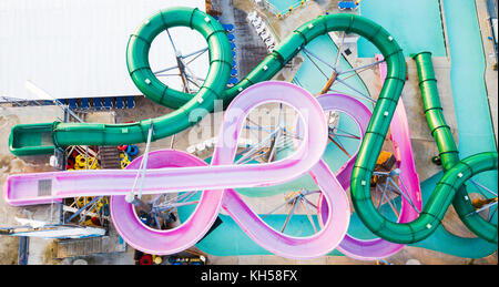Water park slides aerial shot in the morning with no people Stock Photo