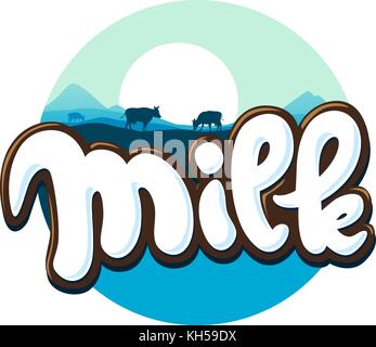 milk logo hand written with cow silhouette - vector illustration Stock Vector