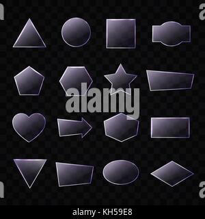 Set of transparent glass plates of different shapes in purple colors. Vector glass banners on transparent background. Technology frames. Realistic vector illustration. Stock Vector