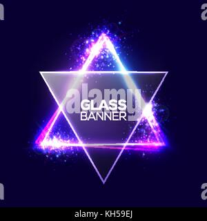 David star. Neon sign. Triangle Banner with Transparent Glass Plate. Glowing Electric Abstract Techno Frame on Dark Backdrop with Light, Glow Explosion and Firework. Colorful Vector Illustration EPS10 Stock Vector
