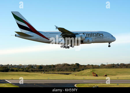 Emirates Airbus A380 landing at Birmingham Airport, UK (A6-EOX) Stock Photo