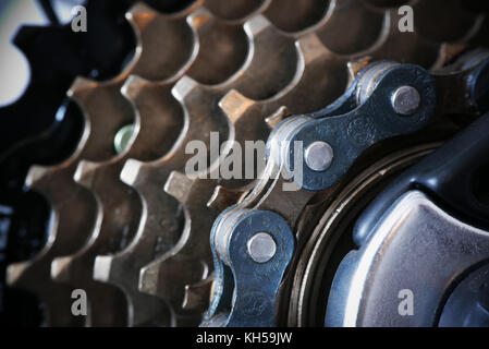 Machinery of bicycle, macro photography of chain covered with grease Stock Photo