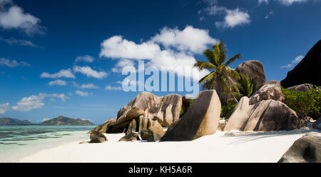 The Seychelles, La Digue, L’Union Estate, Anse Source d’Argent beach, panoramic Stock Photo