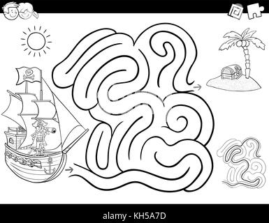 Black and White Cartoon Illustration of Education Maze or Labyrinth Activity Game for Children with Pirate Character with Ship and Treasure Island Col Stock Vector