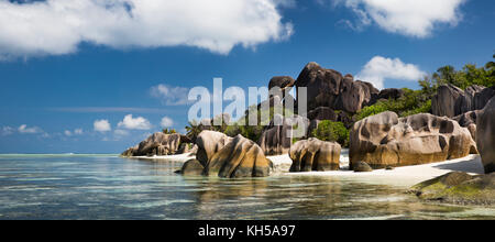 The Seychelles, La Digue, L’Union Estate, Anse Source d’Argent beach, panoramic Stock Photo